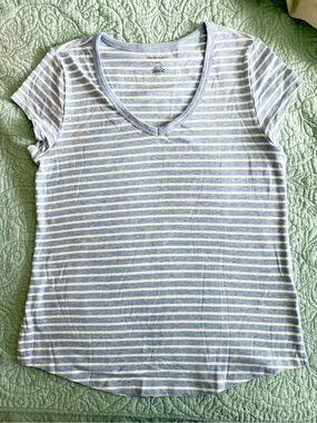White & Light Blue Striped V-Neck Tee Size XL